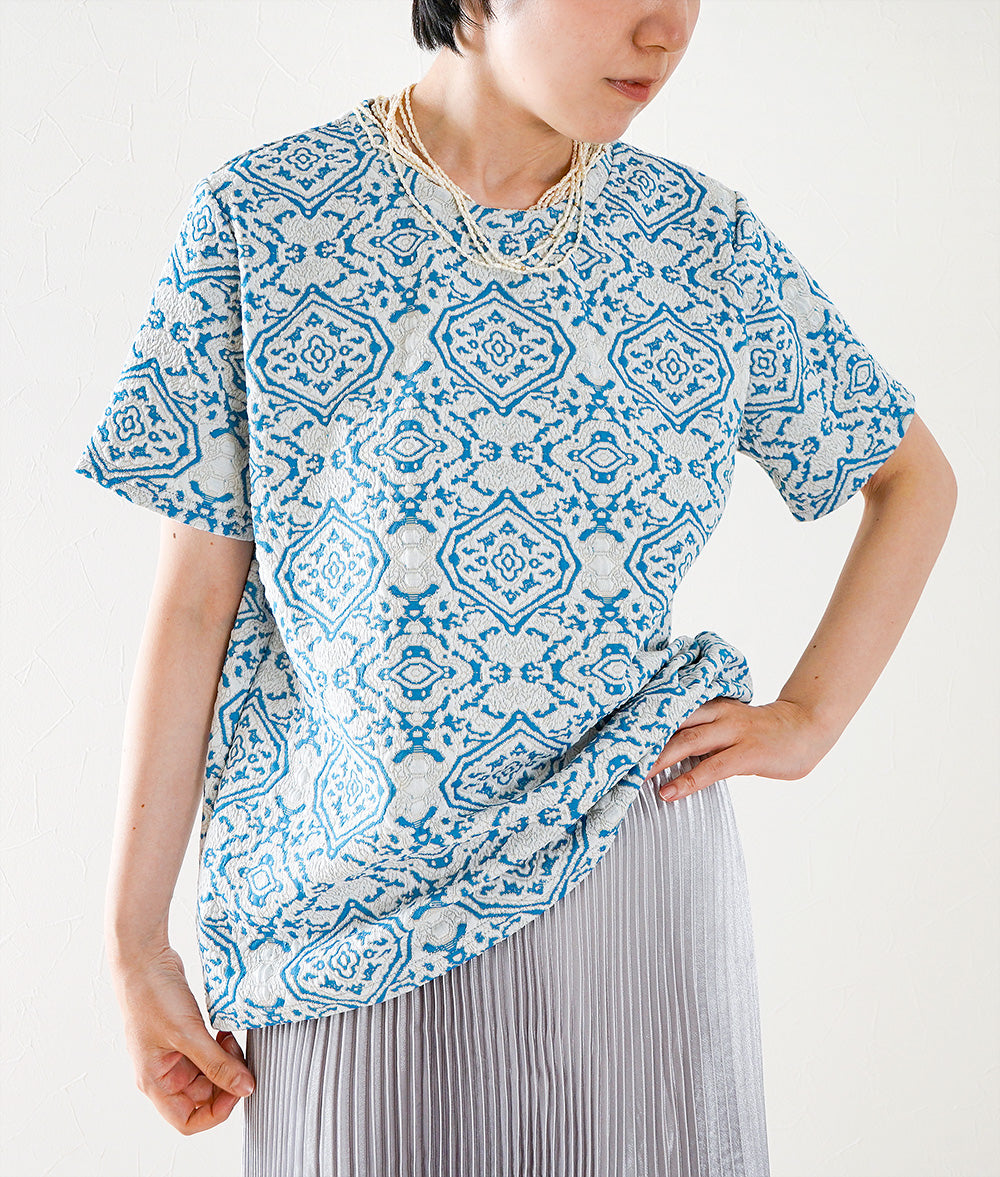 White and blue arabesque cut and sewn