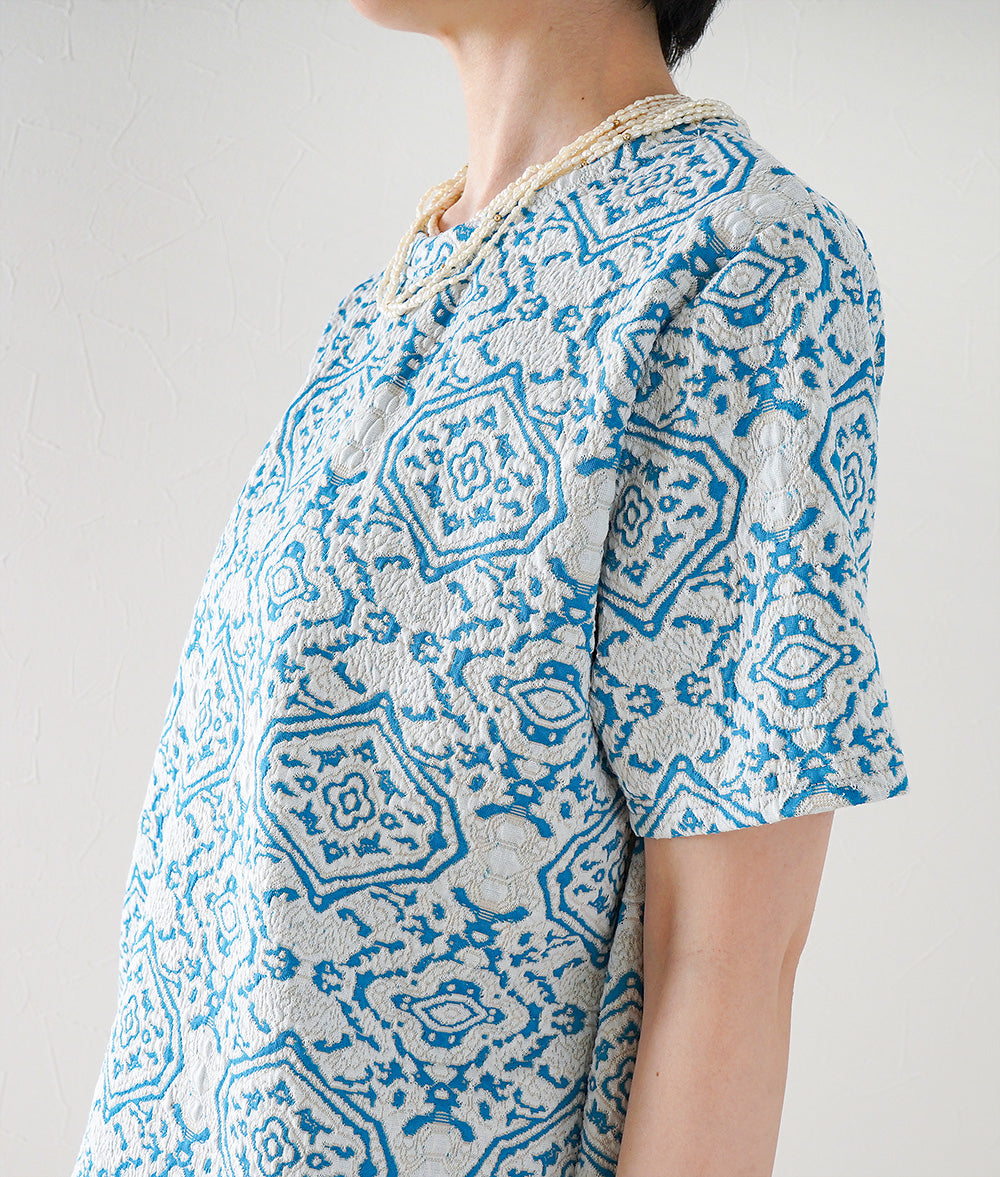 White and blue arabesque cut and sewn