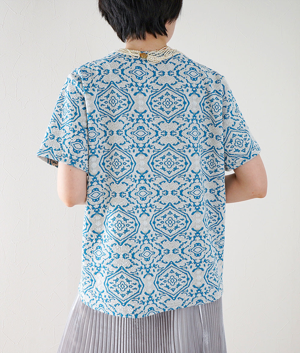 White and blue arabesque cut and sewn