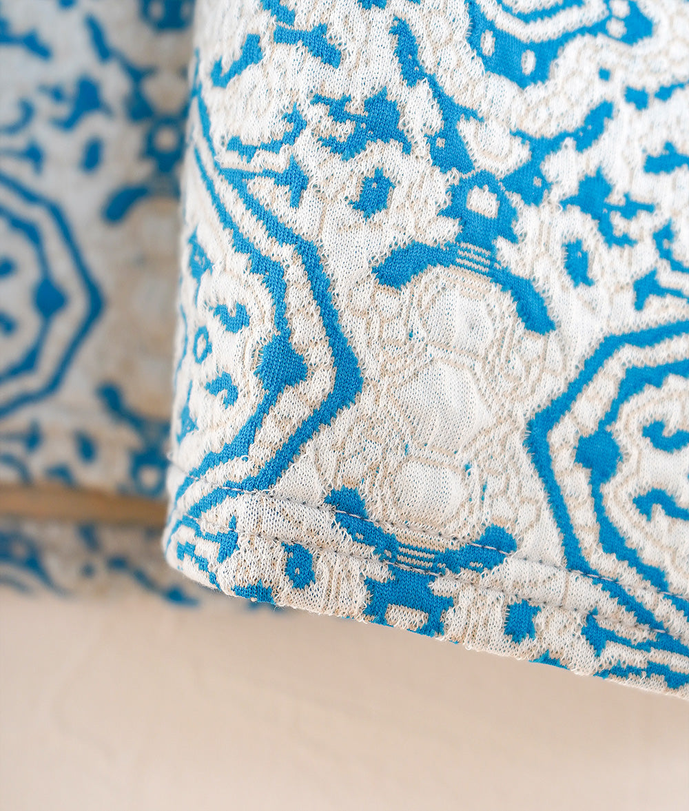 White and blue arabesque cut and sewn