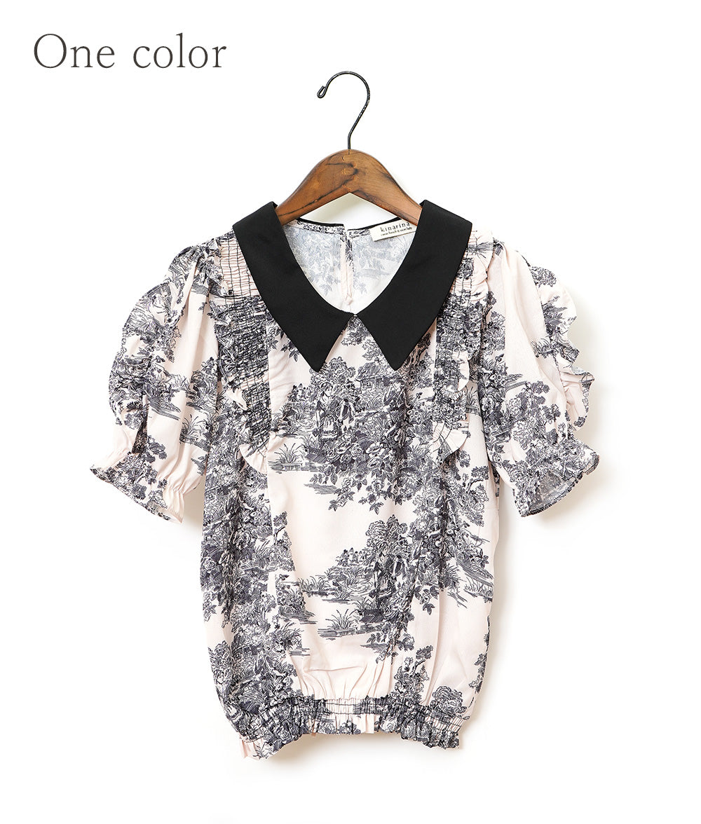 Landscape pattern blouse with plenty of frills