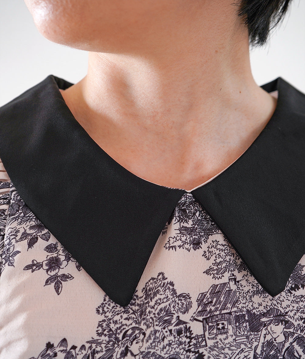 Landscape pattern blouse with plenty of frills