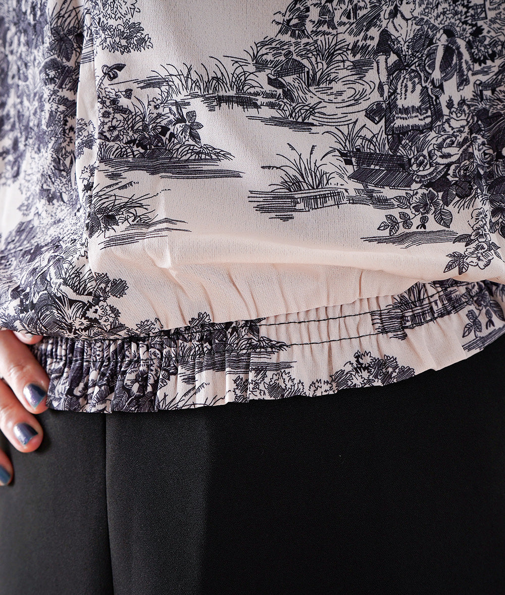 Landscape pattern blouse with plenty of frills