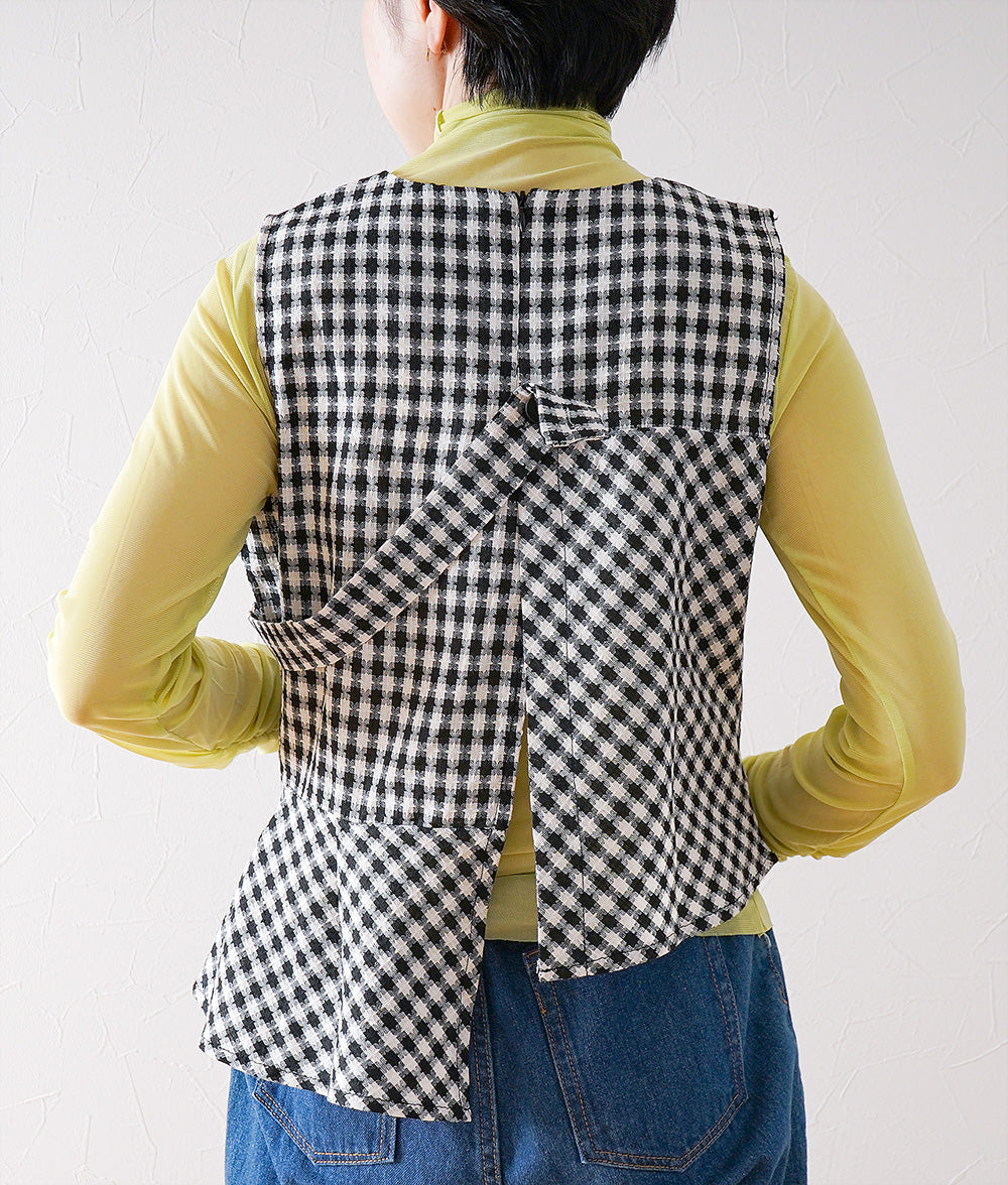 Asymmetric tweed check vest