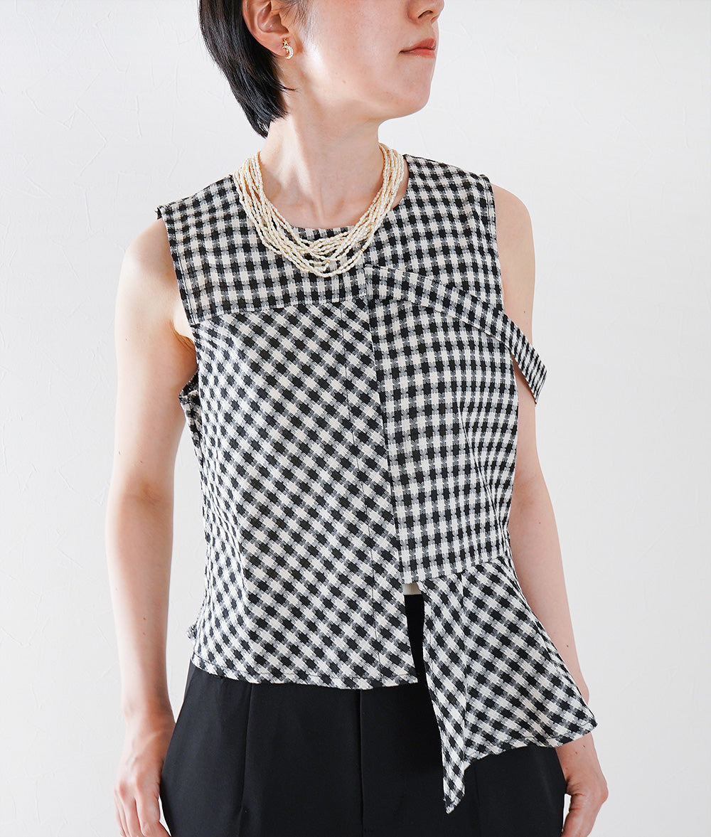 Asymmetric tweed check vest