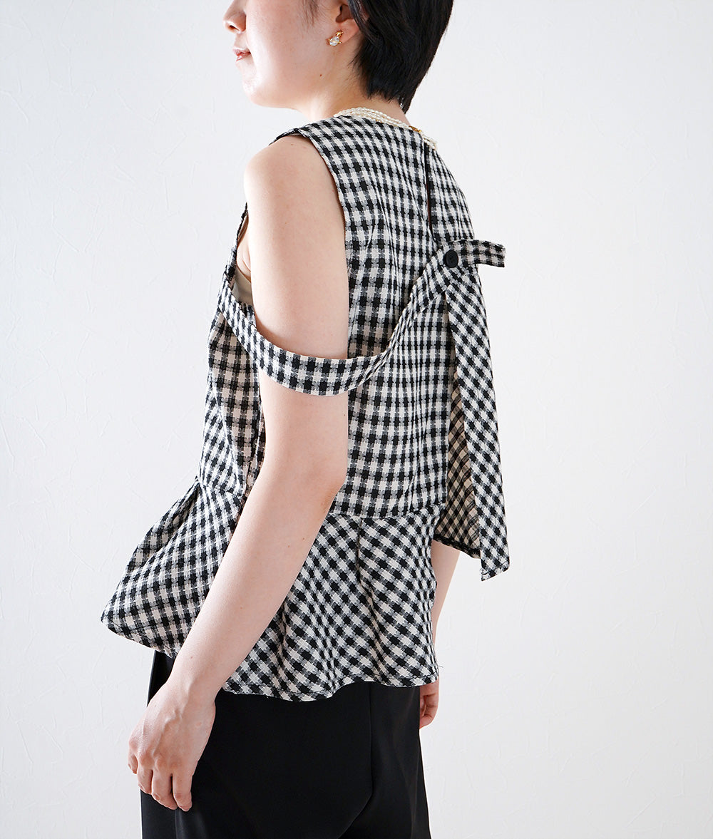 Asymmetric tweed check vest