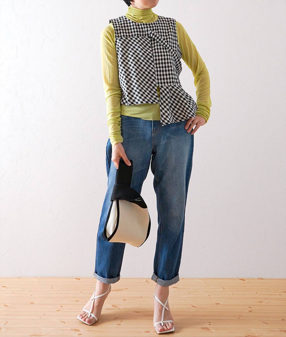 Asymmetric tweed check vest