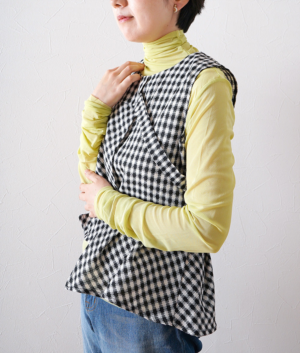 Asymmetric tweed check vest