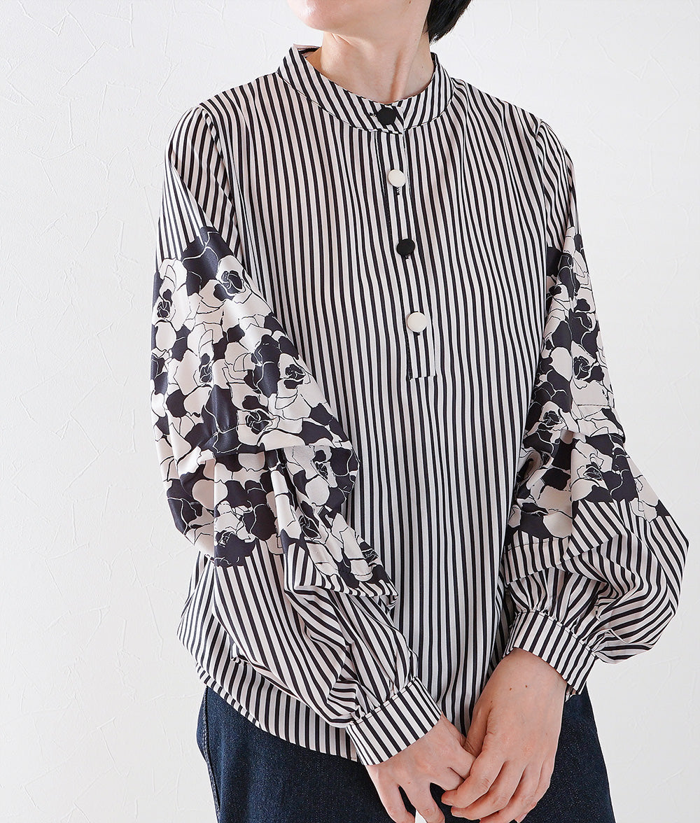 Striped blouse with flower puffy sleeves