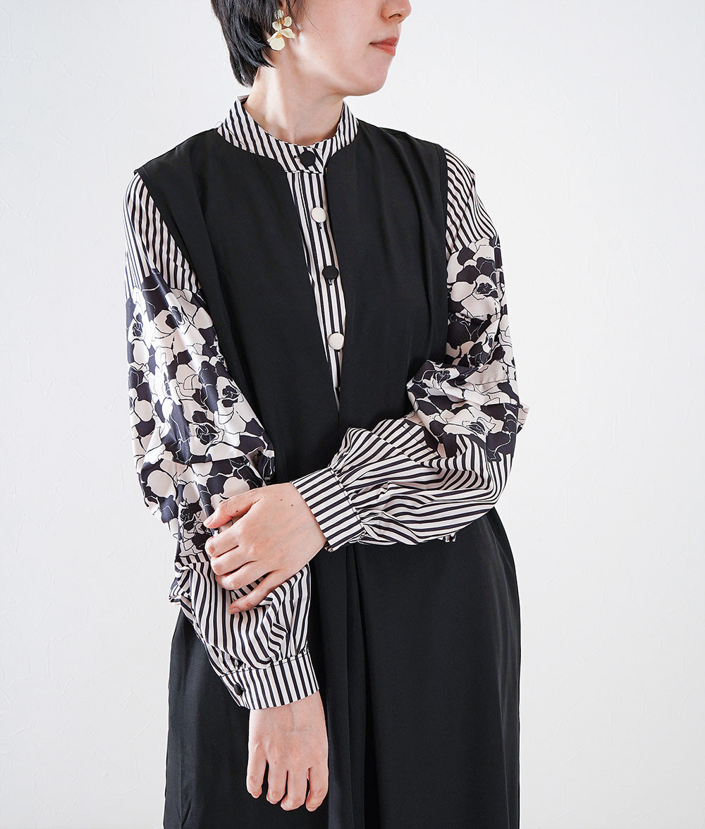 Striped blouse with flower puffy sleeves