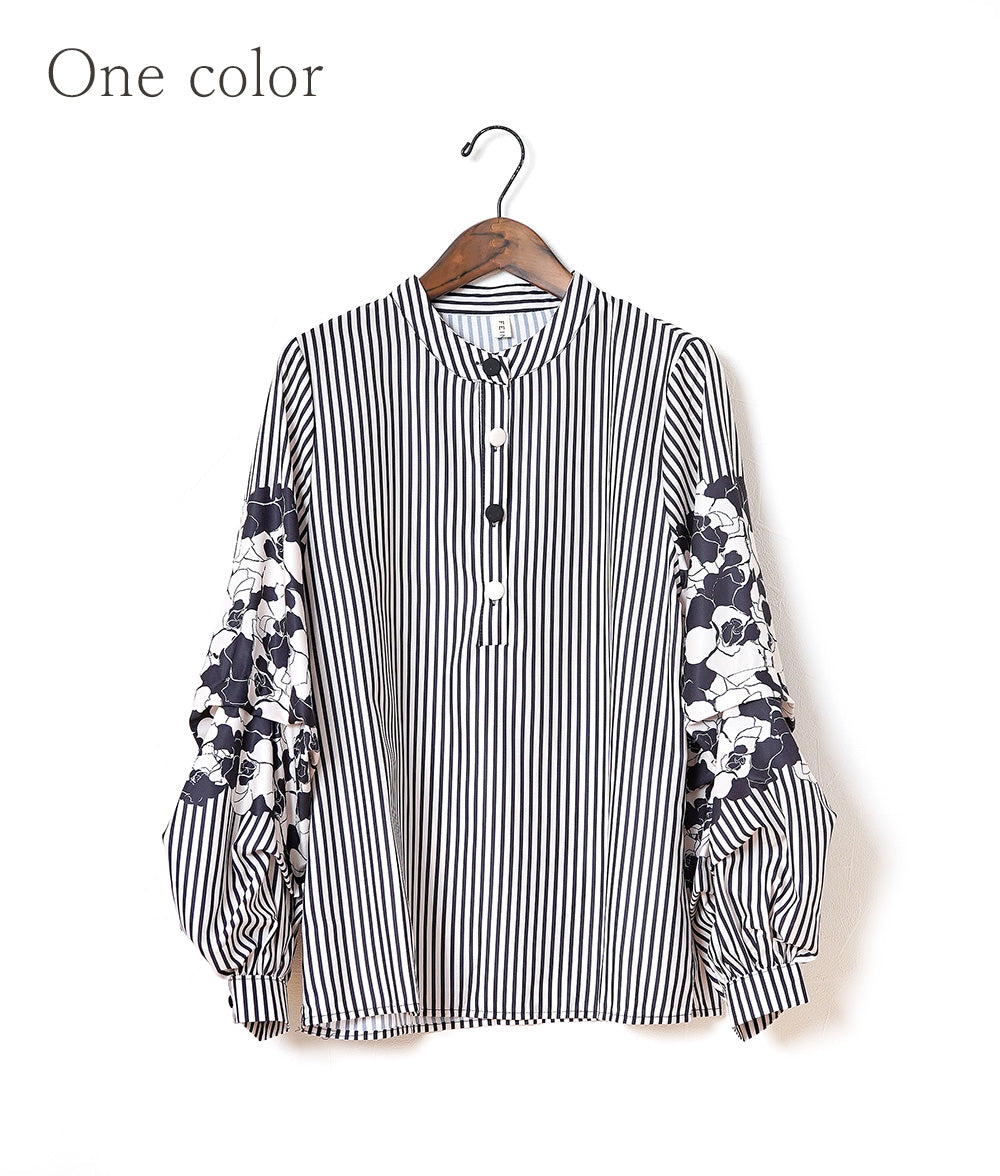 Striped blouse with flower puffy sleeves