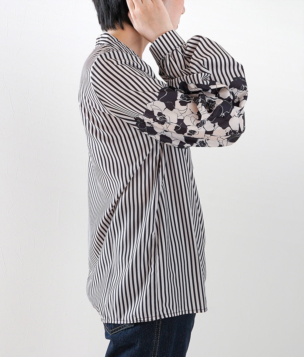 Striped blouse with flower puffy sleeves