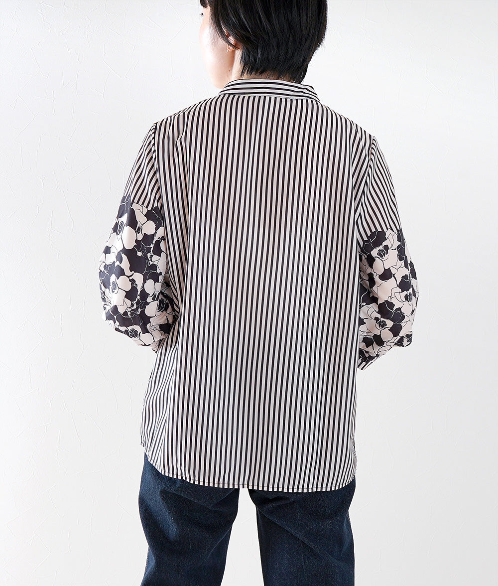 Striped blouse with flower puffy sleeves