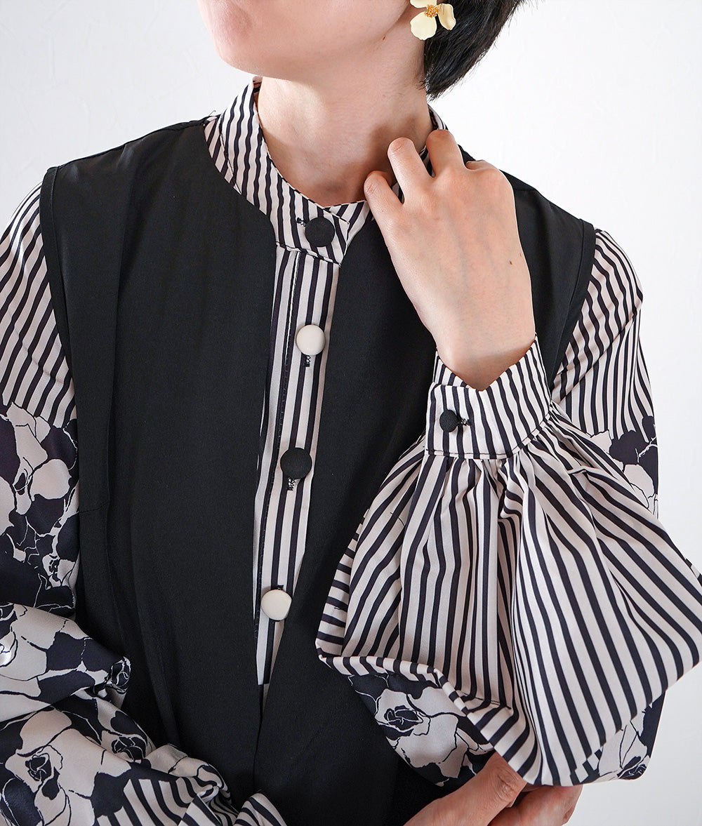 Striped blouse with flower puffy sleeves