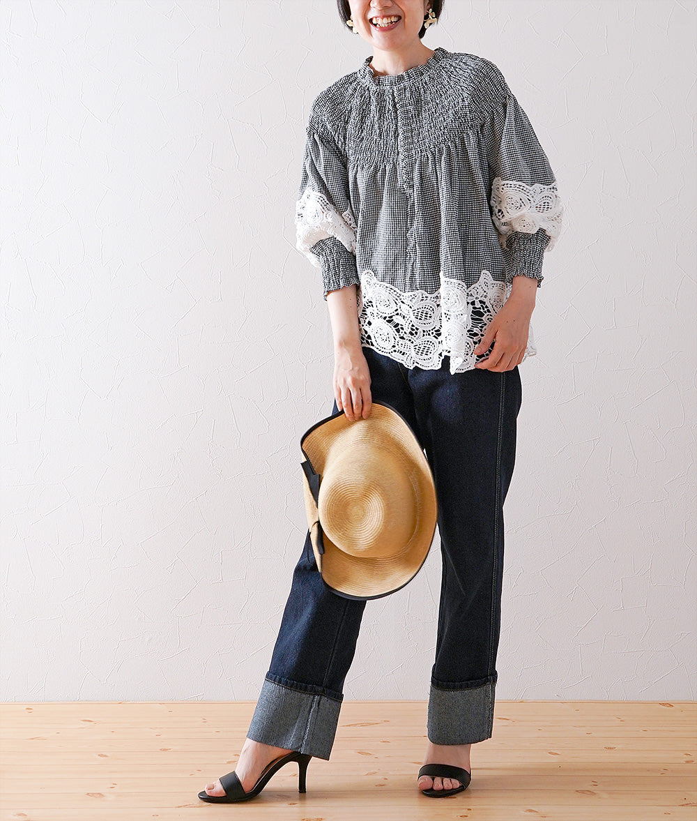 Floral lace and gingham blouse