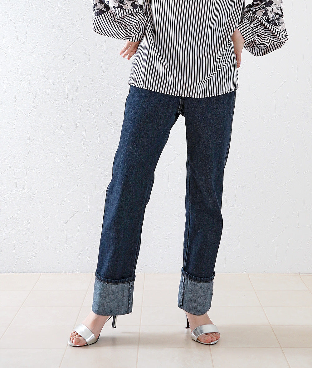 Deep roll-up straight denim pants