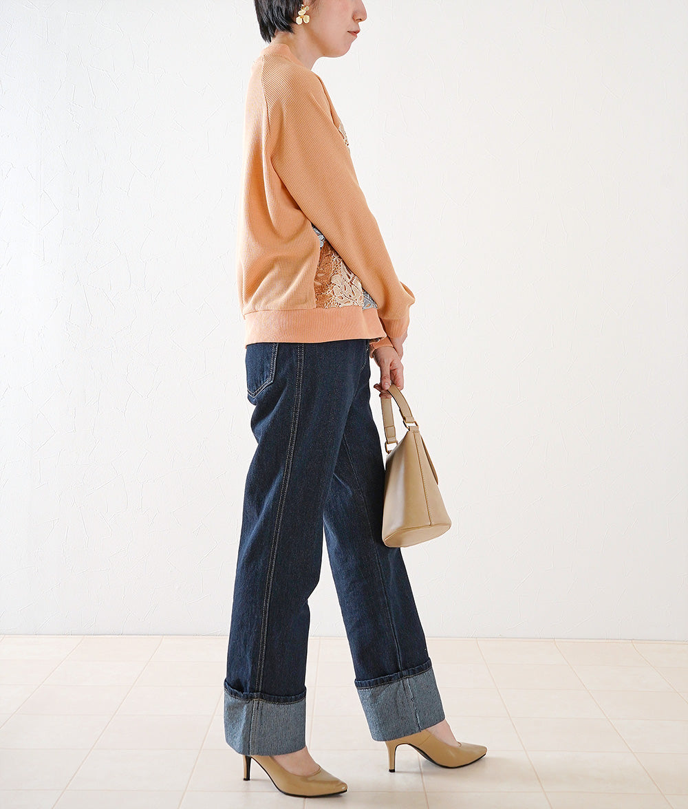 Deep roll-up straight denim pants