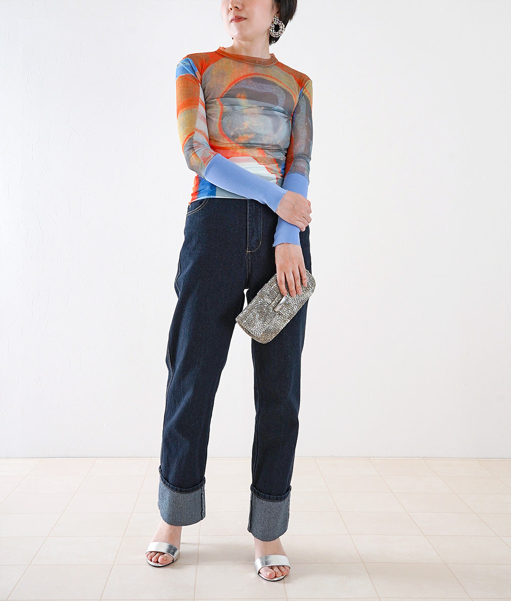 Deep roll-up straight denim pants
