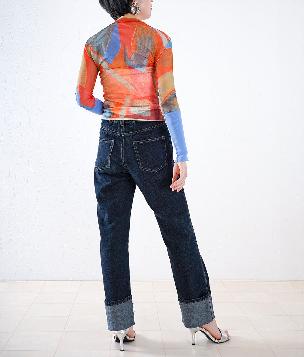 Deep roll-up straight denim pants