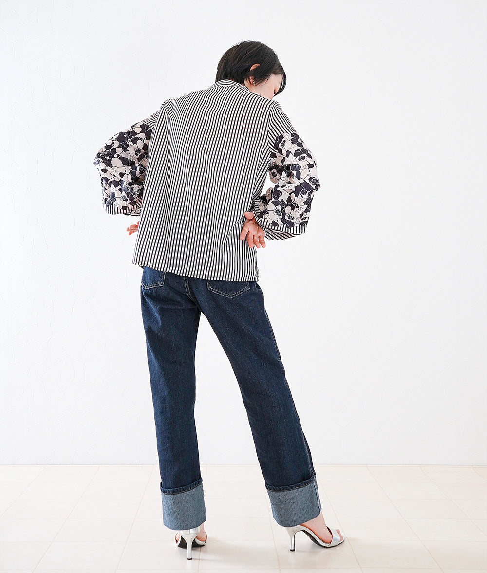 Deep roll-up straight denim pants