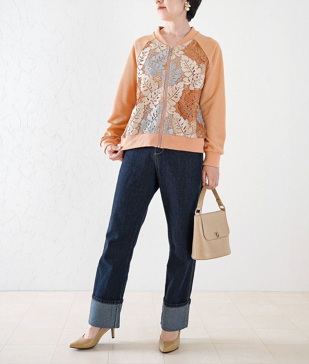 Deep roll-up straight denim pants