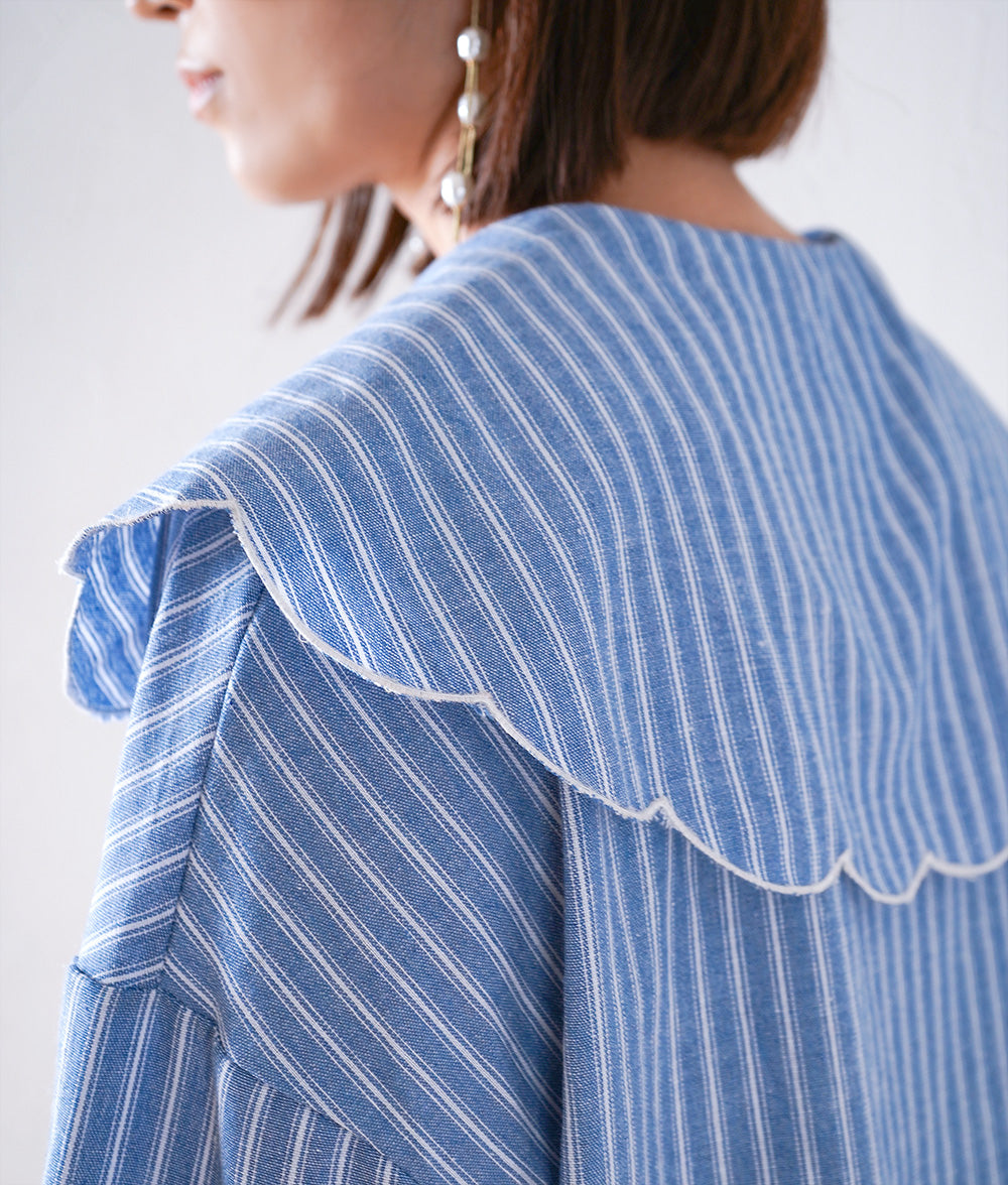 Grape embroidery big color striped blouse