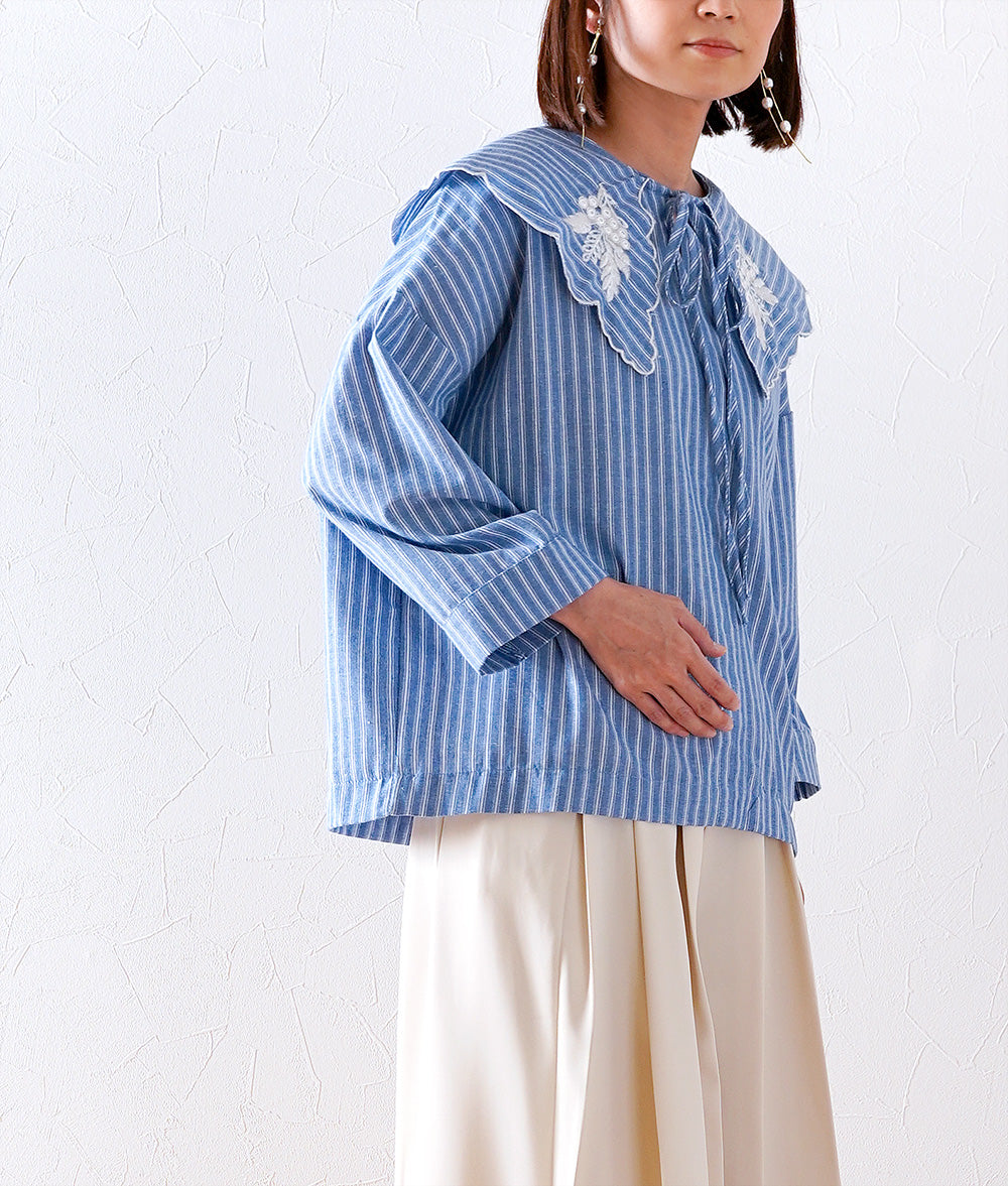 Grape embroidery big color striped blouse