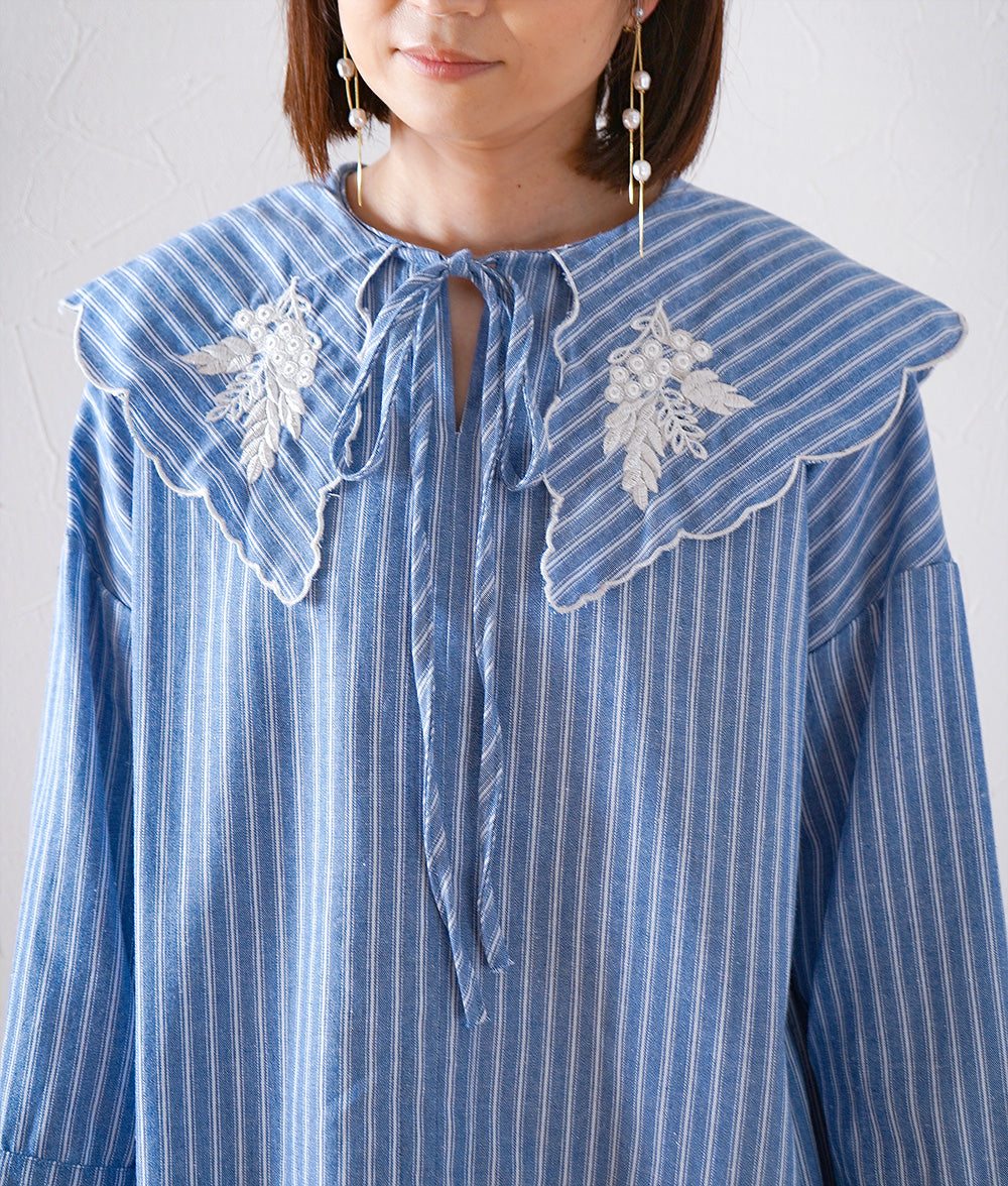 Grape embroidery big color striped blouse