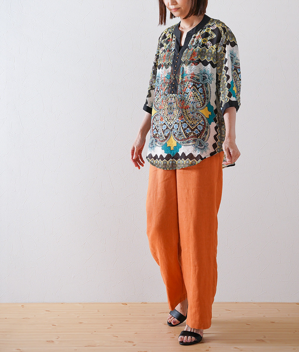Flower stone and ethnic pattern blouse
