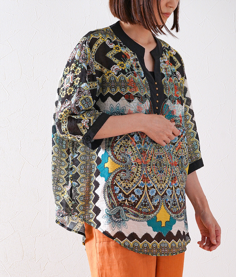 Flower stone and ethnic pattern blouse