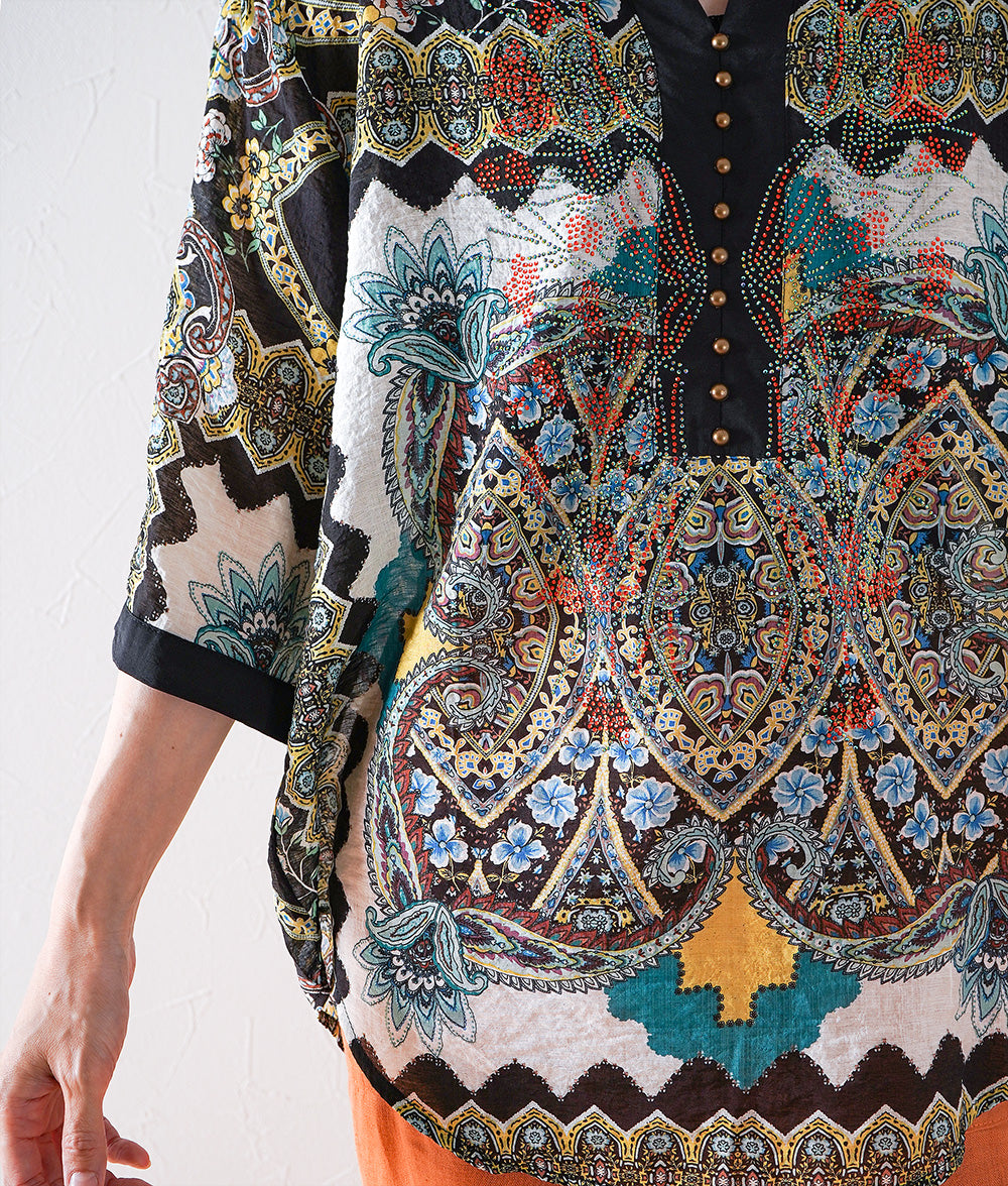 Flower stone and ethnic pattern blouse
