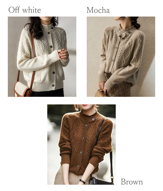 Cable knit cardigan with collar tab