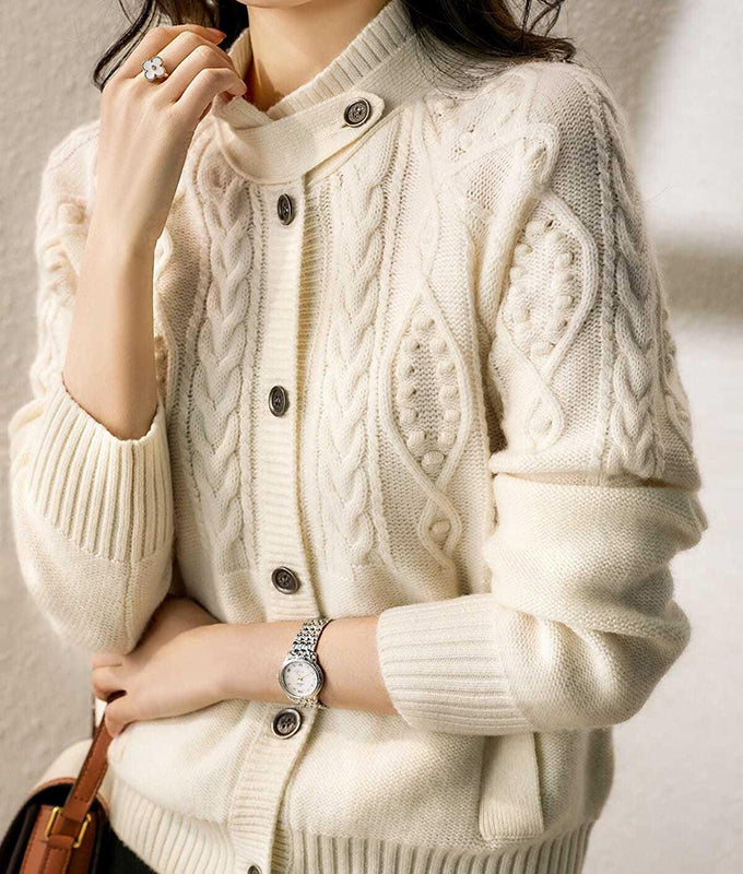 Cable knit cardigan with collar tab