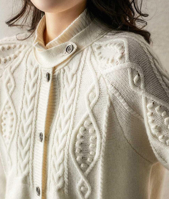 Cable knit cardigan with collar tab