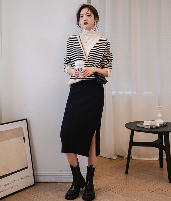 Turtleneck layered striped knit
