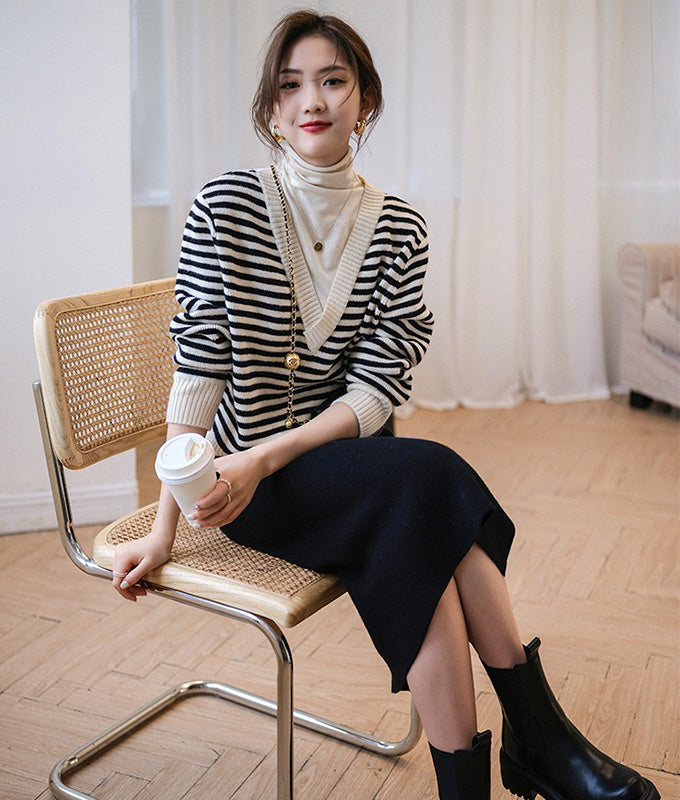 Turtleneck layered striped knit
