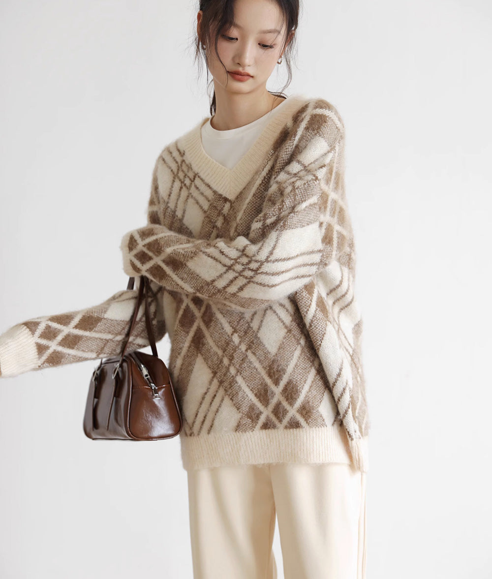 V neck bias check knit
