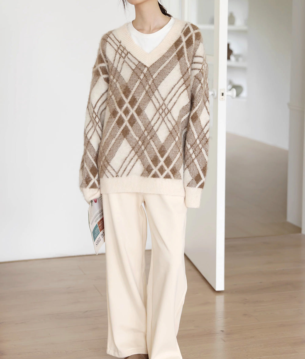 V neck bias check knit