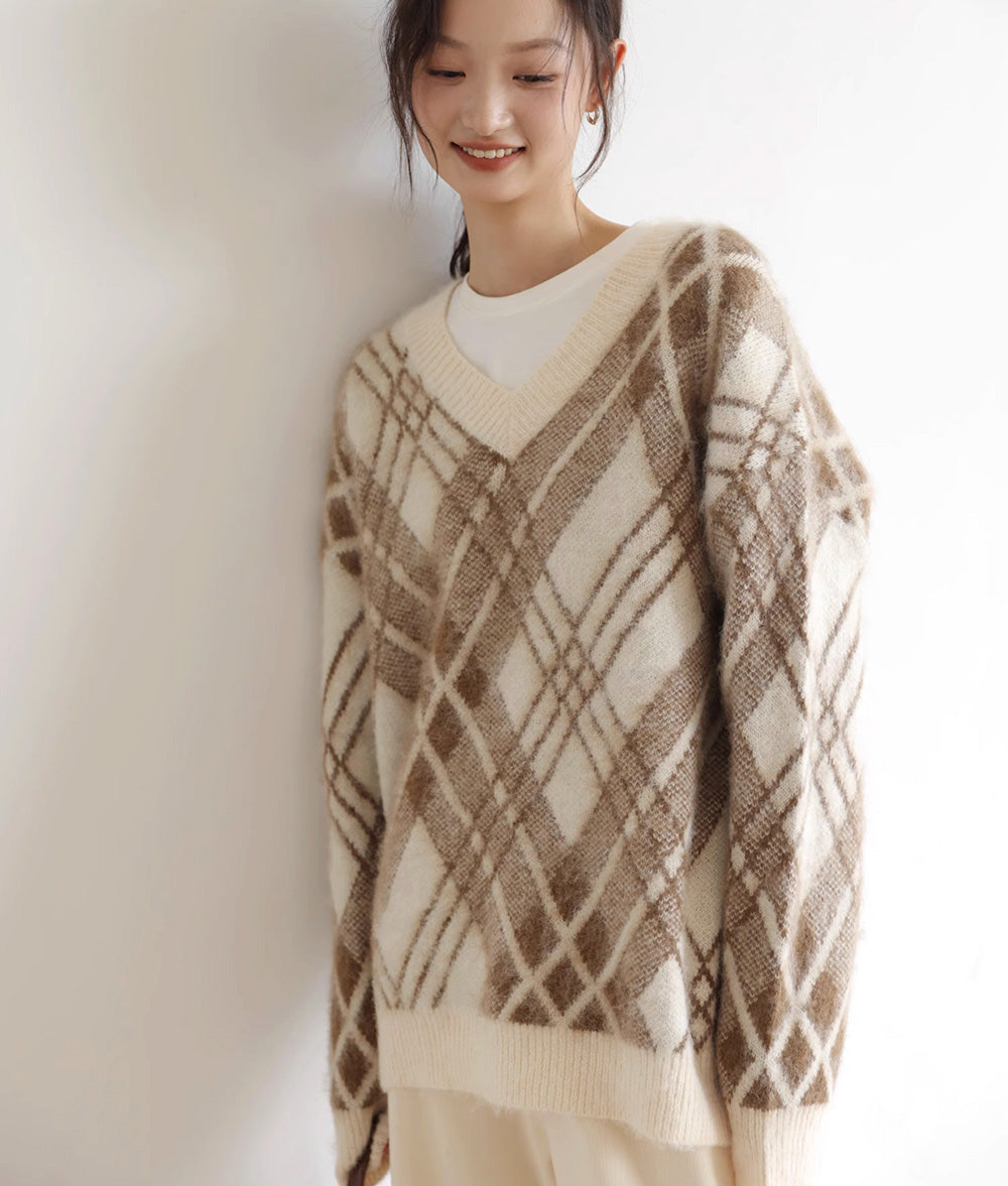 V neck bias check knit