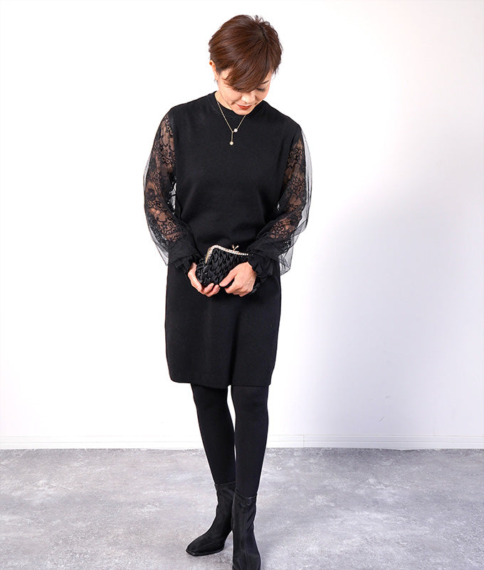【SALE】Lace sleeve knit dress