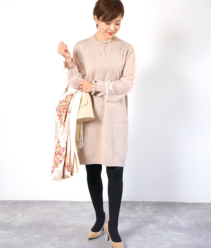 【SALE】Lace sleeve knit dress