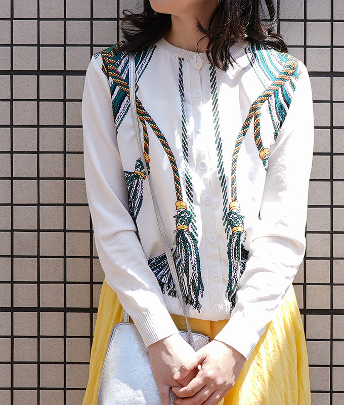 kinarina(きなりな)のロープ柄とニットドッキングの長袖カーディガン