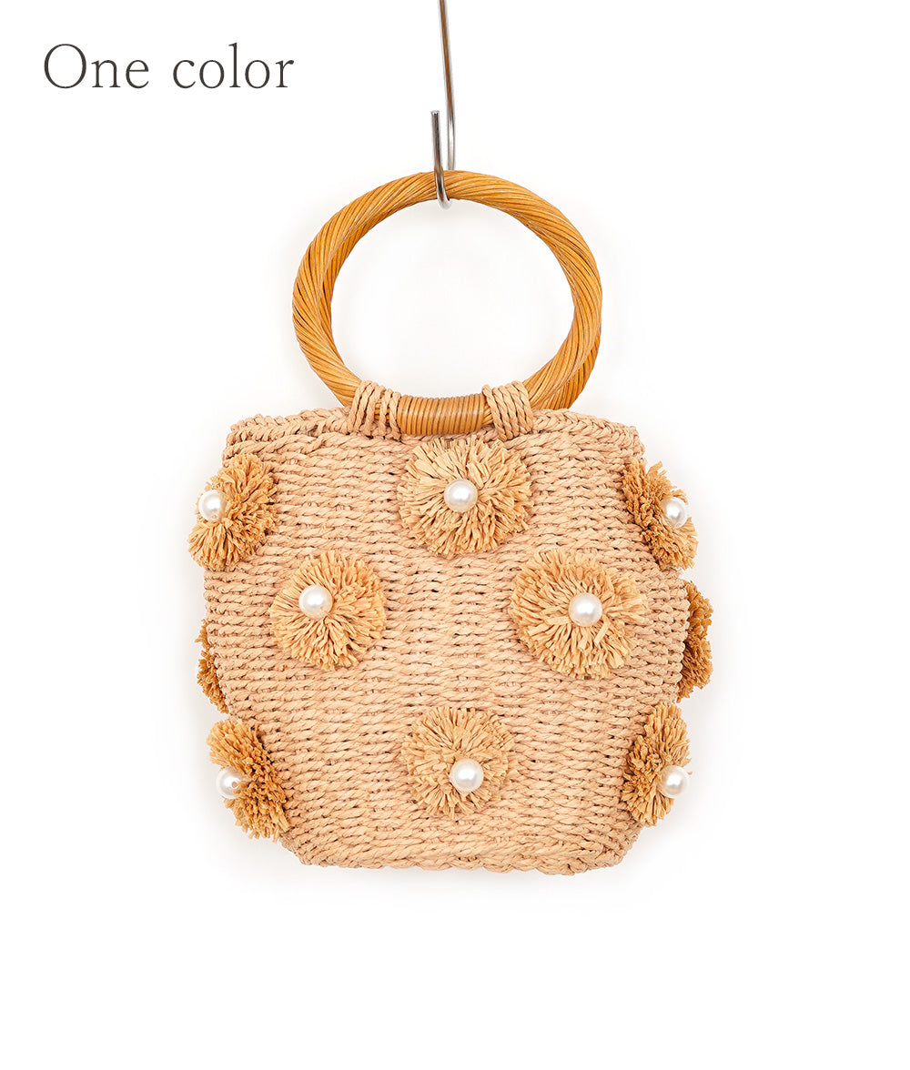Pompoms pearl raffia palm bag