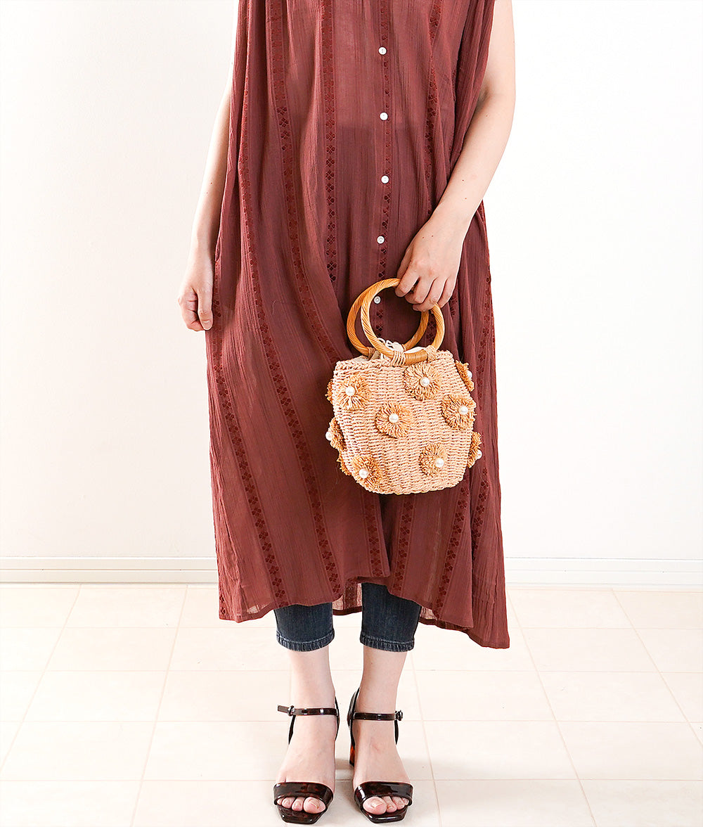 Pompoms pearl raffia palm bag