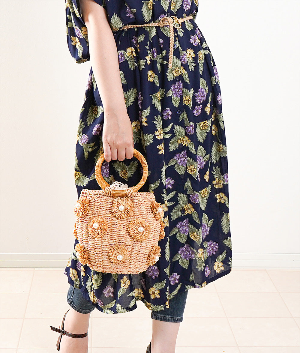 Pompoms pearl raffia palm bag