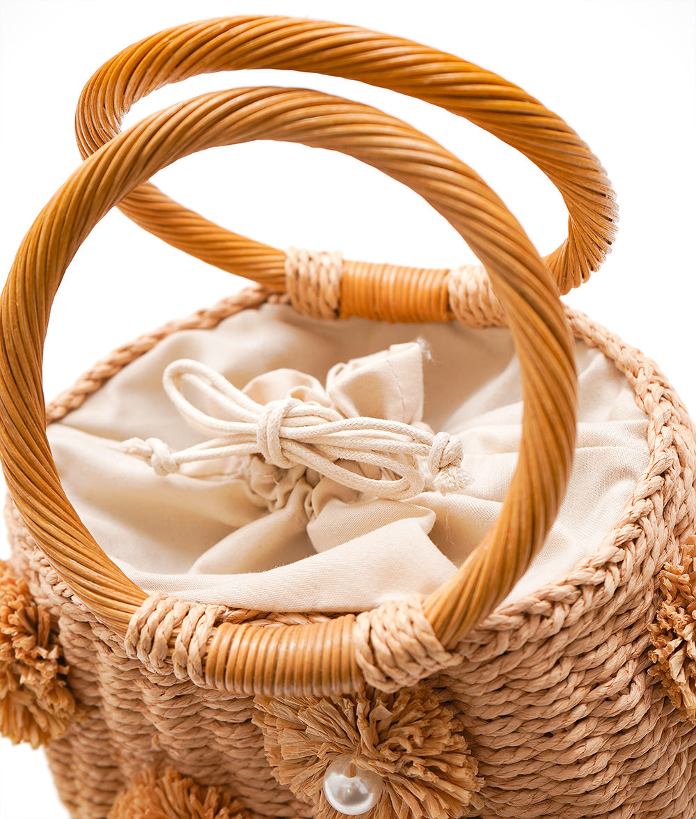 Pompoms pearl raffia palm bag