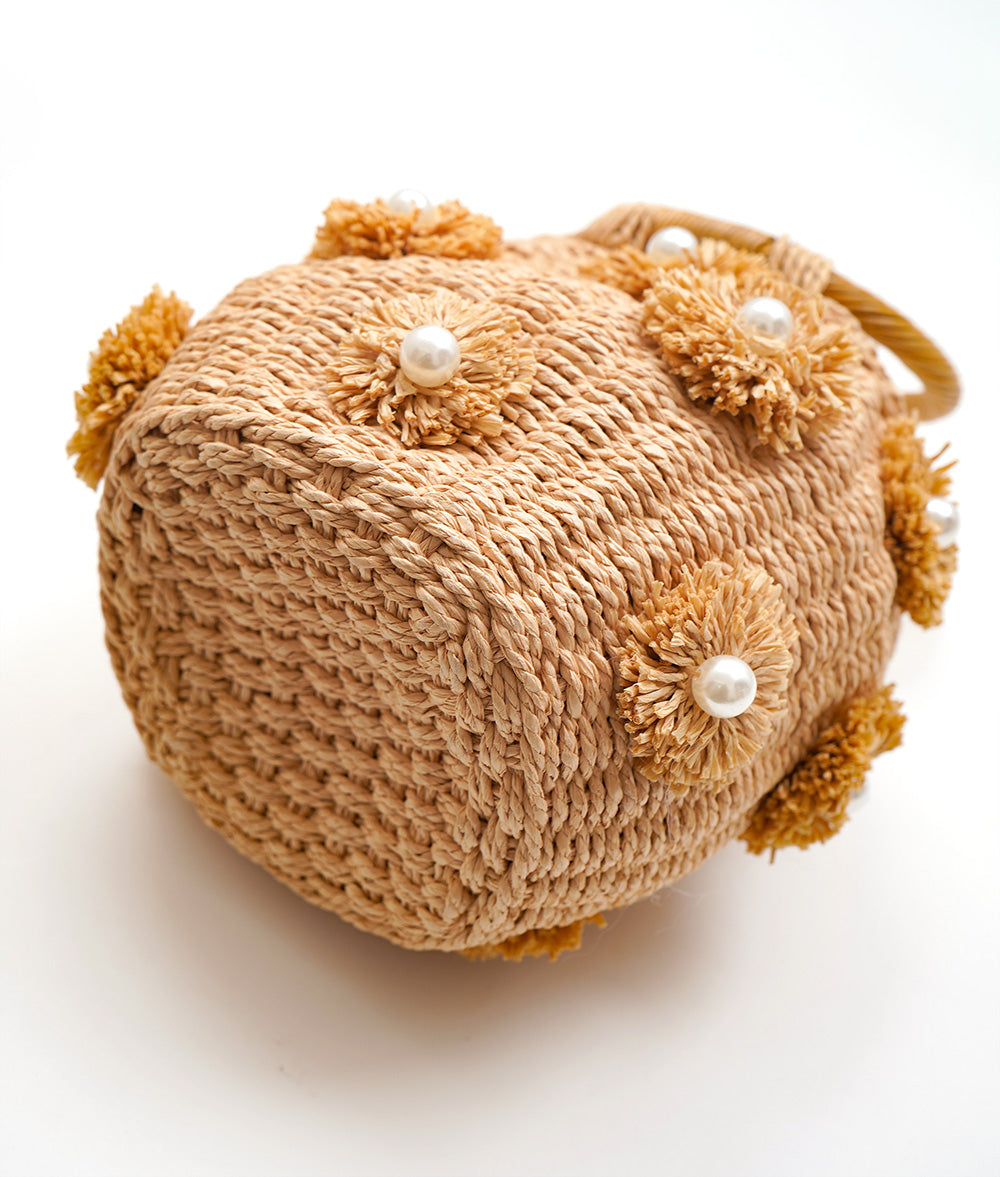 Pompoms pearl raffia palm bag