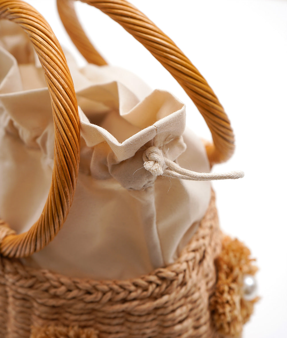 Pompoms pearl raffia palm bag