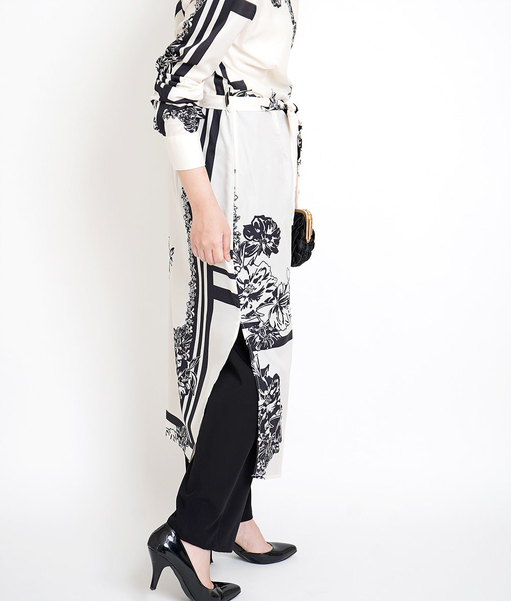 Monotone flower long shirt dress