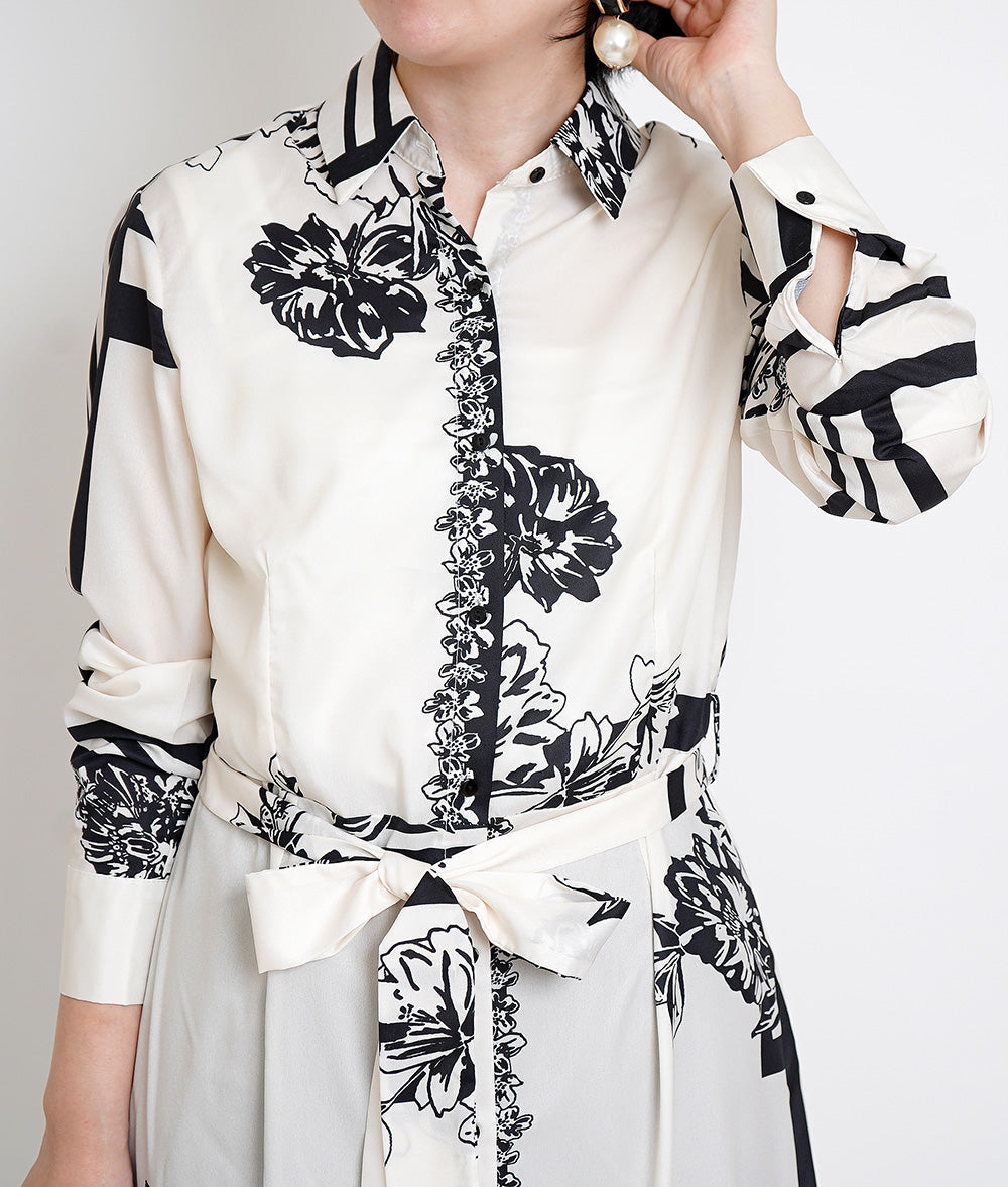 Monotone flower long shirt dress